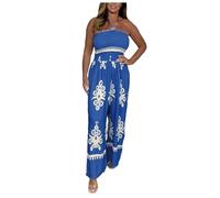 Trouser Suit Women's Elegant 2-Piece Fashionable Printed Strapless Camisole Jumpsuit for Women with Wide Leg Women's Elegant with Wide Leg, blue, S