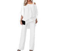 Trouser Suit Women's Trouser Suit 3/4 Batwing Sleeve Tulle Evening Suit Sets Two Piece Irregular Chiffon Shirt and High Waist Wide Leg Trouser Suit Elegant Vintage 2-Piece(White,L)
