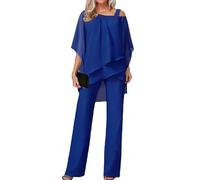 Trouser Suit Women's Trouser Suit 3/4 Batwing Sleeve Tulle Evening Suit Sets Two Piece Irregular Chiffon Shirt and High Waist Wide Leg Trouser Suit Elegant Vintage 2-Piece(Blue,XL)
