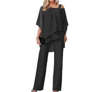 Trouser Suit Women's Trouser Suit 3/4 Batwing Sleeve Tulle Evening Suit Sets Two Piece Irregular Chiffon Shirt and High Waist Wide Leg Trouser Suit Elegant Vintage 2-Piece(Black,XXL)