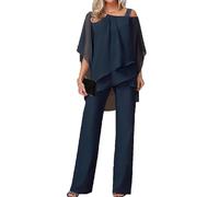 Trouser Suit Women's Trouser Suit 3/4 Batwing Sleeve Tulle Evening Suit Sets Two Piece Irregular Chiffon Shirt and High Waist Wide Leg Trouser Suit Elegant Vintage 2-Piece(Dark Blue,XL)