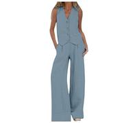 Trouser Suits for Women UK Cotton Linen 2 Piece Solid Colour Trouser Set Casual V Neck Sleeveless Button Down Sleeveless Blazer Vest Wide Leg Pant Sets Elegant Business Suits