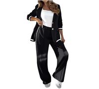 Trouser Suits for Women UK Elegant 2 Piece Outfits Casual Smart Formal Sets Button Blazer Jackets with Wide Straight Leg Pants Ladies Blazer Suit Set for Wedding Party Office Special Occasions