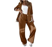 Trouser Suits for Women UK Elegant 2 Piece Outfits Casual Smart Formal Sets Button Blazer Jackets with Wide Straight Leg Pants Ladies Blazer Suit Set for Wedding Party Office Special Occasions