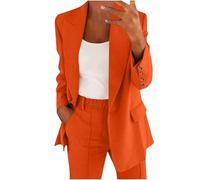 Trouser Suits for Women UK Elegant Plain 2 Piece Outfits Ladies Button Dressy Blazer Jacket and Elasticated Waist Trousers Set Spring Summer Women Suit for Business Work Office Formal Orange