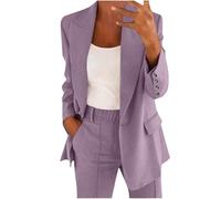 Trouser Suits for Women UK Elegant Plain 2 Piece Outfits Ladies Button Dressy Blazer Jacket and Elasticated Waist Trousers Set Spring Summer Women Suit for Business Work Office Formal Purple