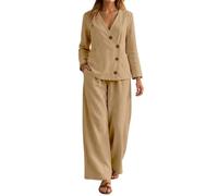 Trouser Suits for Women UK Plus Size Wedding Guest Outfits Linen Suit Asymmetric Button V Neck Blazer Wide Leg Trousers Coord Set Fashionable Airport Wear Size XXL Khaki