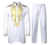 （Trousers And Tops） Men Kaftan Muslim Robe Thobe - Thobe For Men Set Arabic Dubai Thobe Abaya Traditional Arab Robesislamic Lounge Abaya Robes Long Sleeve Muslim Gold Printed Thobe Suits