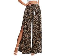 Trousers Boyfriend Women's Black Border Women's Clothing Europe the United States Trend Leopard Print Casual Tassel Lace Up Waist Leopard Print Wide Leg Business Trousers Women Summer, khaki, XXL