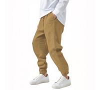Trousers for Kids Girls 4-14Y Drawstring Cuffed Ankles Linen Pants Plain Leisure Outdoor Joggers Lightweight Cotton Blend Tracksuit Summer Playtime Comfort Outdoor Adventures Khaki 4 Years