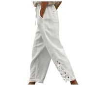 Trousers for Women UK Cotton Linen Lace Hollow Patchwork Drawstring Elastic Waist Pants Casual High Waist Straight Loose Comfort Holiday Pants with Pockets White M