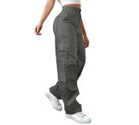 Trousers for Women UK Cotton, Women's Cargo Trousers Elastic Waist Work Cotton Stretch Parachute Pants for Hiking Walking Gym Combat Streetwear Dark Gray Parachute Pants high Waist XXL