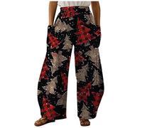 Trousers for Women Uk Plus Size Big Pocket Christmas Elements Trend Print Elastic Waist New Wide Leg Pants Fashion Soft Draped Loose Straight Pants Daily Essential Home Casual Bottoms Trousers Sales
