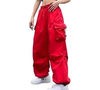 Trousers for Women UK Plus Size, Women's Cargo Trousers Hiking Walking Work Lightweight Combat Cotton Parachute Pants Wide Leg Elasticated Waist Khaki Red Walking Trouser Lightweight M