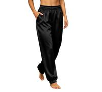 Trousers for Women UK Satin High Elasticated Waist Pyjamas Trouser Ice Silk Long Straight Lounge Bottoms with Pockets for Home Nightwear Walking Sleepwear Party Loungewear Going Out Black