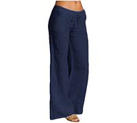 Trousers for Women UK Summer Long Flared Pants Work Office Bell Bottom Trousers Women's Cotton Linen Solid Long Pants High Waist Drawstring Loose Casual Sale Clearance 297