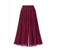 Trousers For Women Uk, Womens Chiffon Wide Leg Trousers Plain Pleated Elasticated High Waist Palazzo Trousers Summer Elegant Loose Cropped Trousers Straight Leg Pants Flowy Culottes Pants,Burgundy R