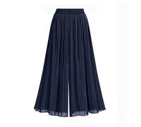 Trousers For Women Uk, Womens Chiffon Wide Leg Trousers Plain Pleated Elasticated High Waist Palazzo Trousers Summer Elegant Loose Cropped Trousers Straight Leg Pants Flowy Culottes Pants,Navy Blue,