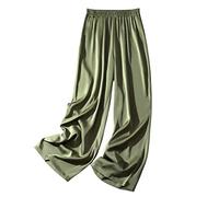 Trousers for Women UK, Womens Satin Wide Leg Trousers Fashion Plain Stretchy Waist Smocked Trousers Elegant Palazzo Trousers Casual Lightweight Comfy Summer Pants Straight Leg Pants Bottoms,Sage Gre