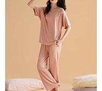 Trousers Homewear Pajamas Ladies Summer Short Sleeve Thin Ice Silk Cool Suit (D XXXL code) (D L)