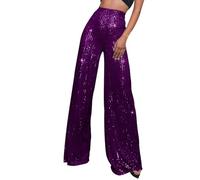 Trousers Women Stretch Glitter Sequin High Waist Wide Leg Flared Pants Nightclub Clothing Trousers Business Women, purple, XL