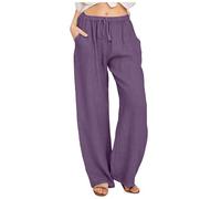 Trousers Women's Summer Trousers Lightweight Trousers Elegant Wide Trousers Waist Long Drawstring Casual Linen Elastic Women Leg Solid Cotton Features: Neon Pants Women Short, purple, M