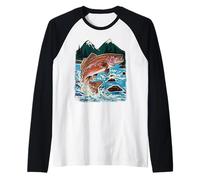 Trout, Fly Fishing, Mountain Stream, Angler, Leaping Fish Raglan Baseball Tee