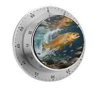 Trout in The Water Mechanical Kitchen Timer 60 Minute Wind Up Countdown Clock with Magnetic Back Loud Alarm Stainless Steel Manual Timer for Cooking Baking Classroom Home Gym