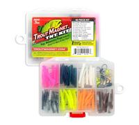 Trout Magnet TNT Kit - 82-Piece Set with 70 Soft Plastic Bodies & 12 Jig Heads - Top 7 Hot Colors - Includes 1/64oz Shad-Dart Heads in Gold, Black, Silver & Chartreuse - Ultimate Trout Fishing Lure