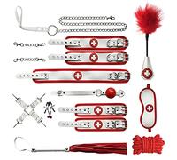 TRQOYTU Extreme Bondage Set 10-Piece, BDSM Leather and Faux Fur 10-Piece Set, Gag, Whip, Nipple Clamps, SM Restraints, Handcuffs and Ankle Cuffs Suitable for Beginners, SM Sex Toys for Extreme