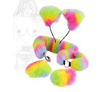 TRQOYTU Long Fox Tail Collar Ears Nipple Clip Set Anal Plug Metal Anal Butt Plug SM Fur Tail Bondage G-Spot Stimulation Anus Dilator SM Cosplay Fetish Anal Toy for Couples (Multi-Colour)