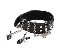 TRQOYTU SM Collars with Nipple Clamps Nipple Sex Women's Bondage Leather Collar Metal Nipple Clamps Nipple Chains BDSM Restraints Set Slave Torture Sex Toy for Couples Adjustable, Black