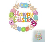 Trredrins Wooden Easter Decoration Door Wreath for Front Door,Happy Easter Sign Rabbit Spring Decoration,Bunny Sign Flower Egg Welcome Hanging Wall Signs for Home Wall Decor Party Outdoor indoor