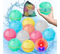 Trrisaun 12PCS Reusable Water Balloons, Silicone Refillable Water Bombs with Colourful LED Light, Magnetic Water Balloons for Kids Adults, Summer Outdoor Garden Beach Pool Water Games Toy