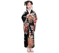 Trrymbbe Kids Kimono for Girls Flower Print Silk Geisha Costume with Back Bow Elegant Gentle Yukata Japanese Kimono for Cosplay, Halloween, Dress Up, Size 130Kids for Girls