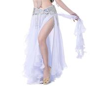 TRRYUIP Belly Dance Skirt Belly Dancing Women Chiffon Skirt Shiny Sequins Tassels Show Costumes(White)