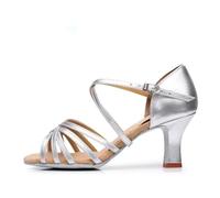 TRRYUIP Dance Heels Chaussures De Danse Latine Pour Femmes, Sandales Salsa Pour Salle, Talons Moyens, Semelle En Daim(Silver,36)