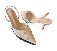 TRRYUIP High Heels For Women Women Pumps Mesh Embroidered Flowers Back Strap Slingback High Heels Dress Shoes For Ladies(Beige,36)