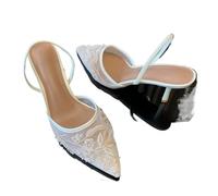 TRRYUIP High Heels For Women Women Pumps Mesh Embroidered Flowers Back Strap Slingback High Heels Dress Shoes For Ladies(White,36)