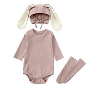 Trsenvrml Baby Easter Outfit for Newborn Boys Girls Bunny Romper With Tail + Rabbit Ears Hat + Socks Set 3Pc (Brown, 12-18M)