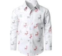 Trsenvrml Boys Christmas Shirt for Kids Button Down Shirts Elk Print for Teen Long Sleeve Top 7-12 Years (White, 10-11T)