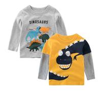 Trsenvrml Boys Dinosaur Shirt 2-Pack Long Sleeve T-Shirt 100% Cotton Pullover Toddler Tees Tops for Baby Casual Clothes (Yellow Grey, 2-3T)