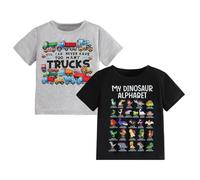 Trsenvrml Boys T Shirts 2 Pack Kids My Dinosaur Alphabet Shirt Toddler Trucks Tops Short Sleeve Size 2-8 Years (Grey Black, 4-5T)