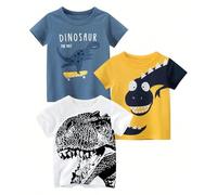 Trsenvrml Boys T-Shirts Dinosaur 3 Pack Shirt Kids Toddler Short Sleeve 100% Cotton Top Tee Crew Neck Shirts (Blue, 3-4T)