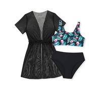 Trsenvrml Girls Swimming Costume Kids 3 Piece Bikini Set Swimsuit Tops + Briefs + Swim Cover-ups for Beach Pool(Black, 11-12 Years)