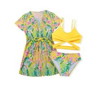 Trsenvrml Girls Swimming Costume Kids 3 Piece Bikini Set Swimsuit Tops + Briefs + Swim Cover-ups for Beach Pool(Yellow, 11-12 Years)
