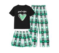 Trsenvrml Kids Girls Pyjamas Set 3 Pcs Short Sleeve Pjs Crewneck Sleepwear Plaid Trousers Shorts Outfits LoungeWear
