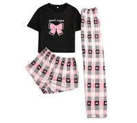 Trsenvrml Womens Pyjama Sets 3 Pcs Lounge Set for Women Short Sleeve Pjs Tops + Plaid Pj Shorts + Pants (Black, XL)