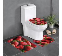 TRSGKSQP 3 Piece Bathroom Rug Set, Luxury Soft Plush Flannel Bath Mat Fresh Strawberries U-Shaped Contour Rug and Toilet Seat Lid Cover Absorbent Non-Slip Floor Mats Washable Shower Rugs