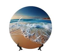 TRSGKSQP 6in Bone China Decorative Plate with Display Stand, Art Porcelain Plate Hanging Ceramic Ornaments Art Crafts Blue sea Sandy Beach Porcelain Dinner Plates for Home Office Wall Decor